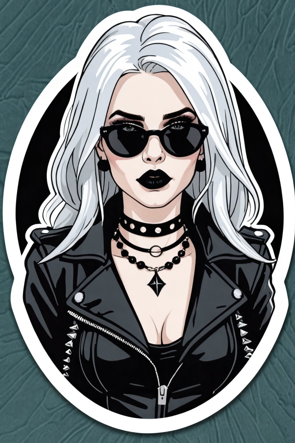 sticker_layout, bust, goth girl, long white hair, black lipstick, sunglasses, hoop earing, choker, black leather jacket, spiked jacket,
