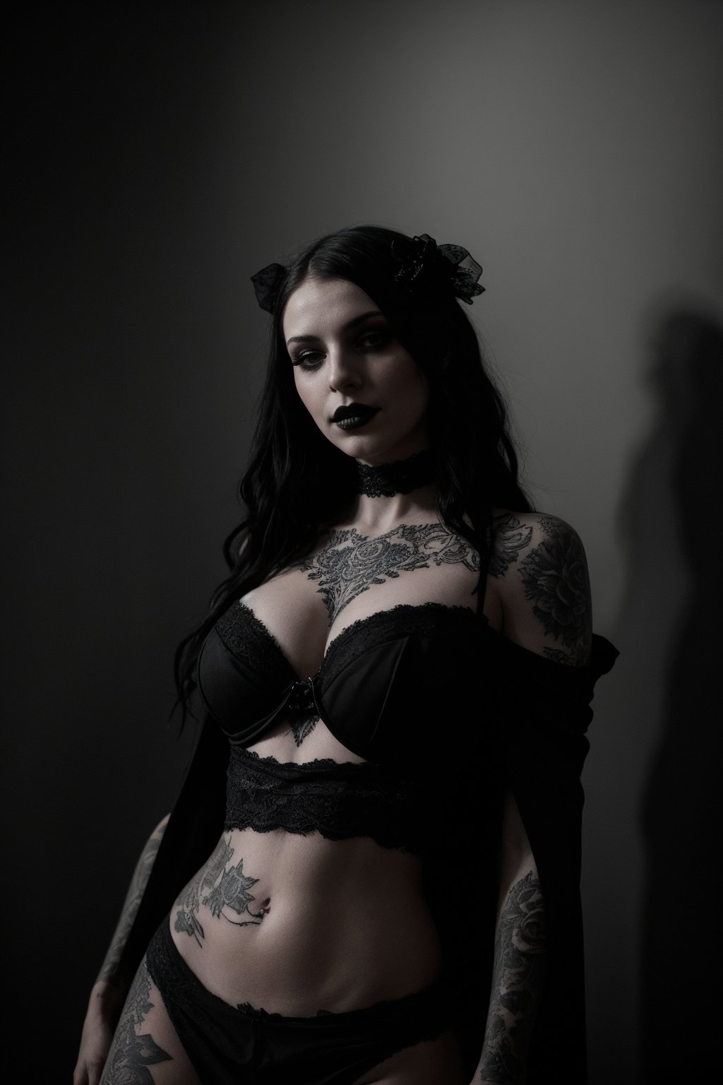In a Rembrandt-inspired oil painting, a goth girl with black lipstick and ((tattooed)) skin assumes a dynamic pose, her full figure draped in lace accents that accentuate her curves. The setting is plunged into darkness, where atmospheric lighting casts sharp shadows and textured brushwork brings forth intricate details. Her expressive facial features, partially veiled by shadows, convey pain and sadness mingling with erotism. A 35mm photograph captures this moody epic scene in stunning 8k resolution, emphasizing the chiaroscuro technique and proportional composition.