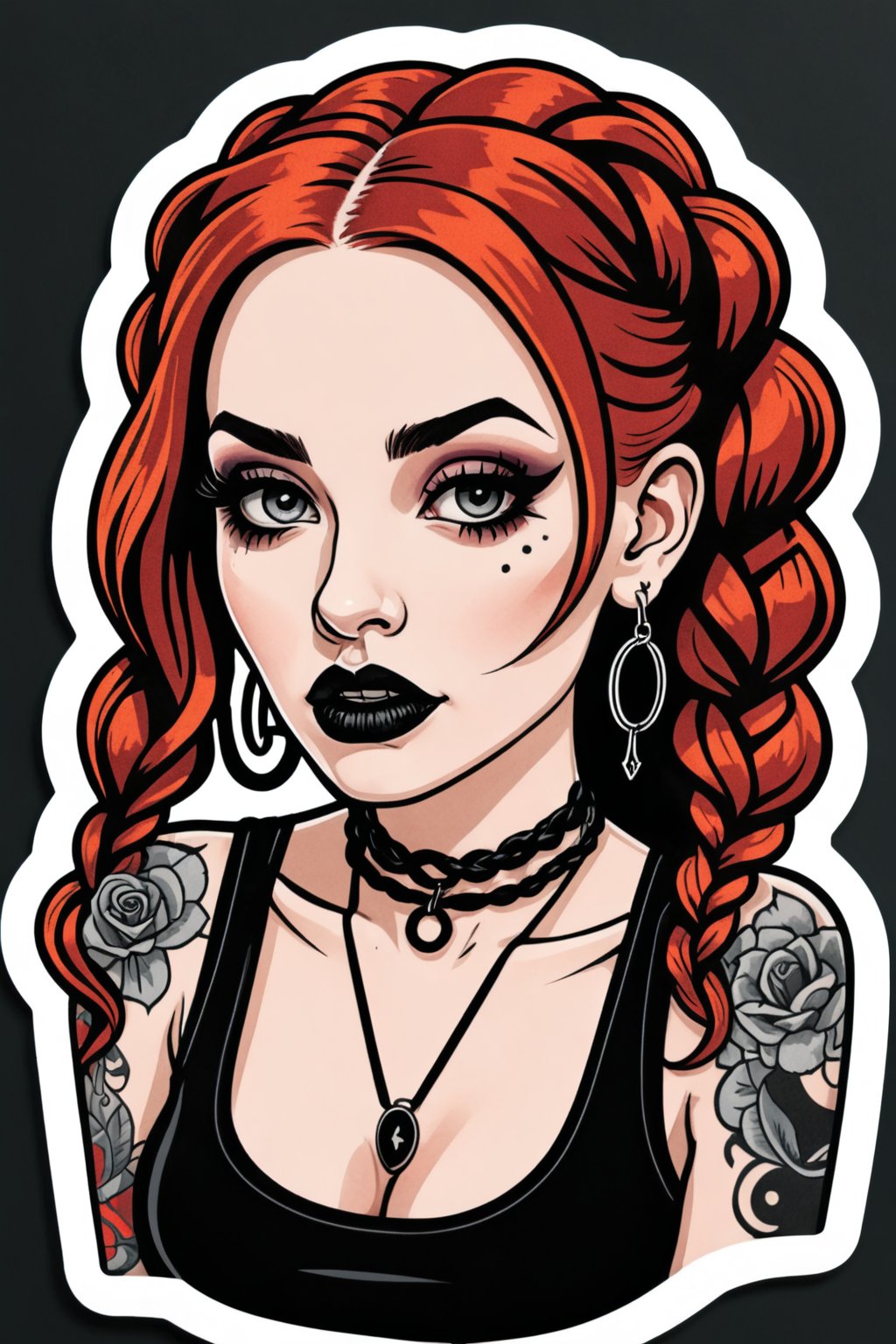sticker_layout, sticker, vector art, goth girl, red hair, double braided hair, black lipstick, hoop earing, black cropped tanktop, tattooed,