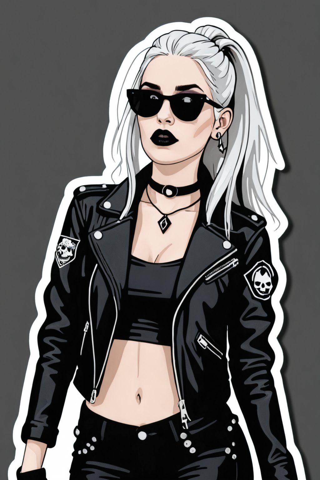 sticker_layout, bust, goth girl, long white hair, black lipstick, sunglasses, hoop earing, black leather jacket, spiked jacket,