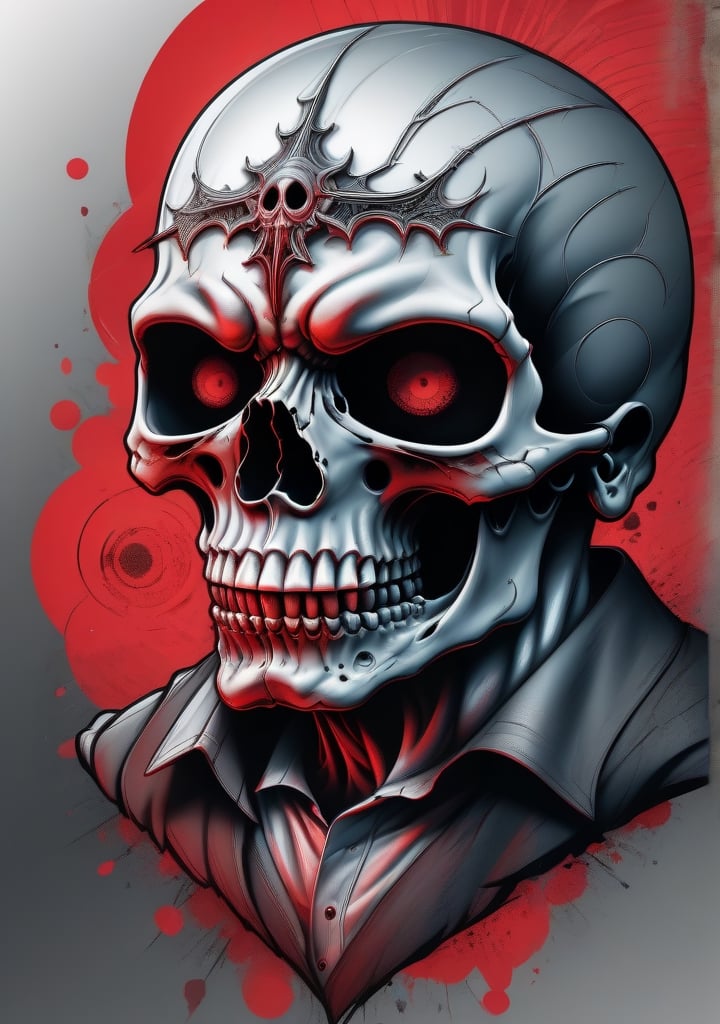 A detailed illustration a dead skull, wearing t-shirt, red swirl eyes, headbanger mood, gothic art, black & white colors, t-shirt design, cracked glass backgroud, t-shirt design, b&w, bokeh, Adobe Illustrator, hand-drawn, digital painting, high-poly, soft lighting, bird's-eye view, isometric style, retro aesthetic, focused on the character, 4K resolution, photorealistic rendering, using Cinema 4D,