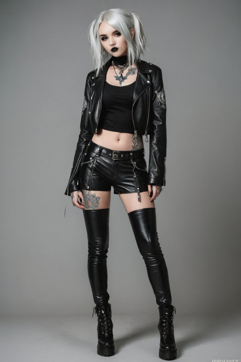 goth girl, fullbody, tattooed, leather clothes, white hair, grey theme, txznf,