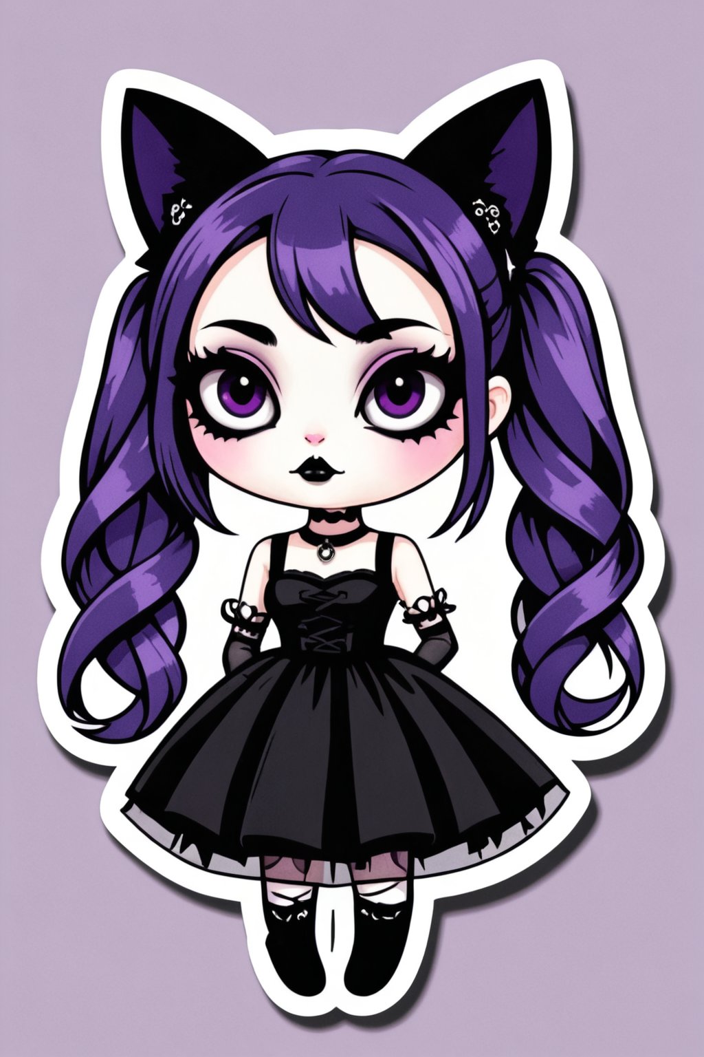 sticker_layout, sticker, vector art, goth girl, purple hair, double twintails hair, black lipstick, hoop earing, off-soulder doll dress, ((cat eyeliner)),
