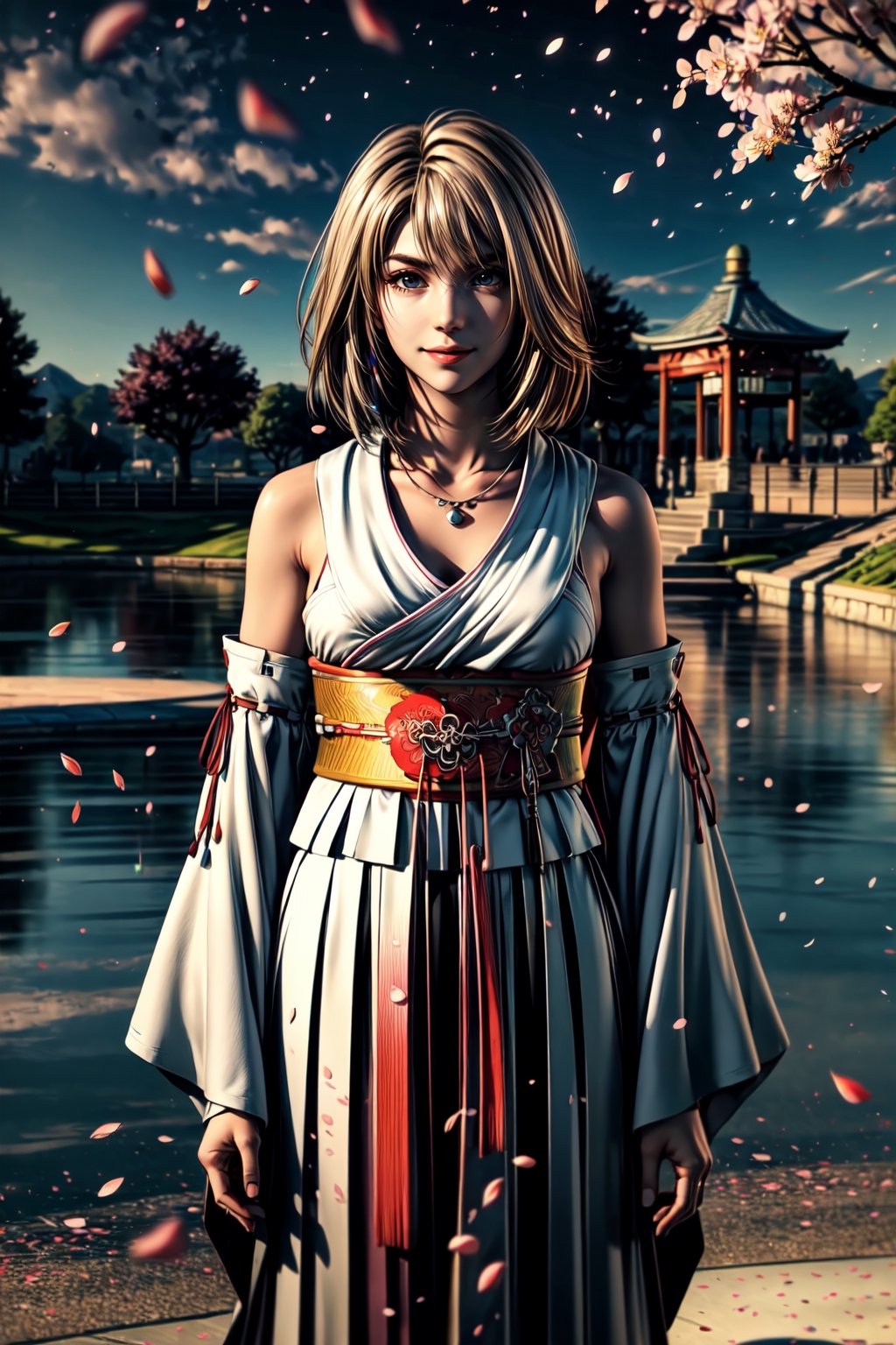 (Solo:1.4)), ((MEDIUM FULL SHOT:1.5)),realistic, masterpiece,best quality,High definition, (realistic lighting, sharp focus), high resolution, 
a 25  years old woman in the night in a park, ,YunaFFX,  jewelry, detached sleeves, necklace, blue-beaded earring, hakama skirt, shy smile, outdoors, park, tree, cherry tree,  medium breats, volumetric light, cloudy day, ((NIGHT)), flowers, ,lake,, makeup, ((cherry petals in the hair:1.3)),dynamic pose, clouds, grass. hair movement, hand on hips, wood bridge