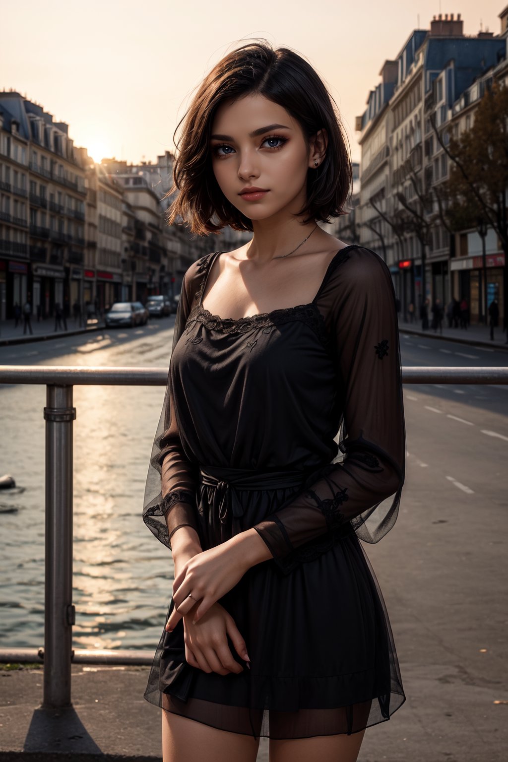 ((alone:1.5)). ((Solo:1.5)), ((MEDIUM FULL SHOT:1.5)),realistic, masterpiece,best quality,High definition, (realistic lighting, sharp focus),  a 25 years old Latin woman, Roma Latina girl with white skin, very short Bob black hair, black eyes. In the city of Paris, shy smile, looking away, sunset, female hands, casual dress, make-up, 