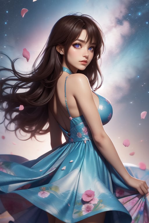 from behind, Masterpiece, Best Quality, Photorealistic, High Resolution, 8K Raw), smile, 1 girl, solo, long hair, (brown hair, bangs:1.1), big breasts, Light, busty and sexy girl, wearing a flowing dress with a starry sky pattern and flowers, starry dress, ((shy smile:1.5)), hair movement, brunette hair, juicy lips, tight dress, make up, looking away,kanamechidori, (petals:1.5)