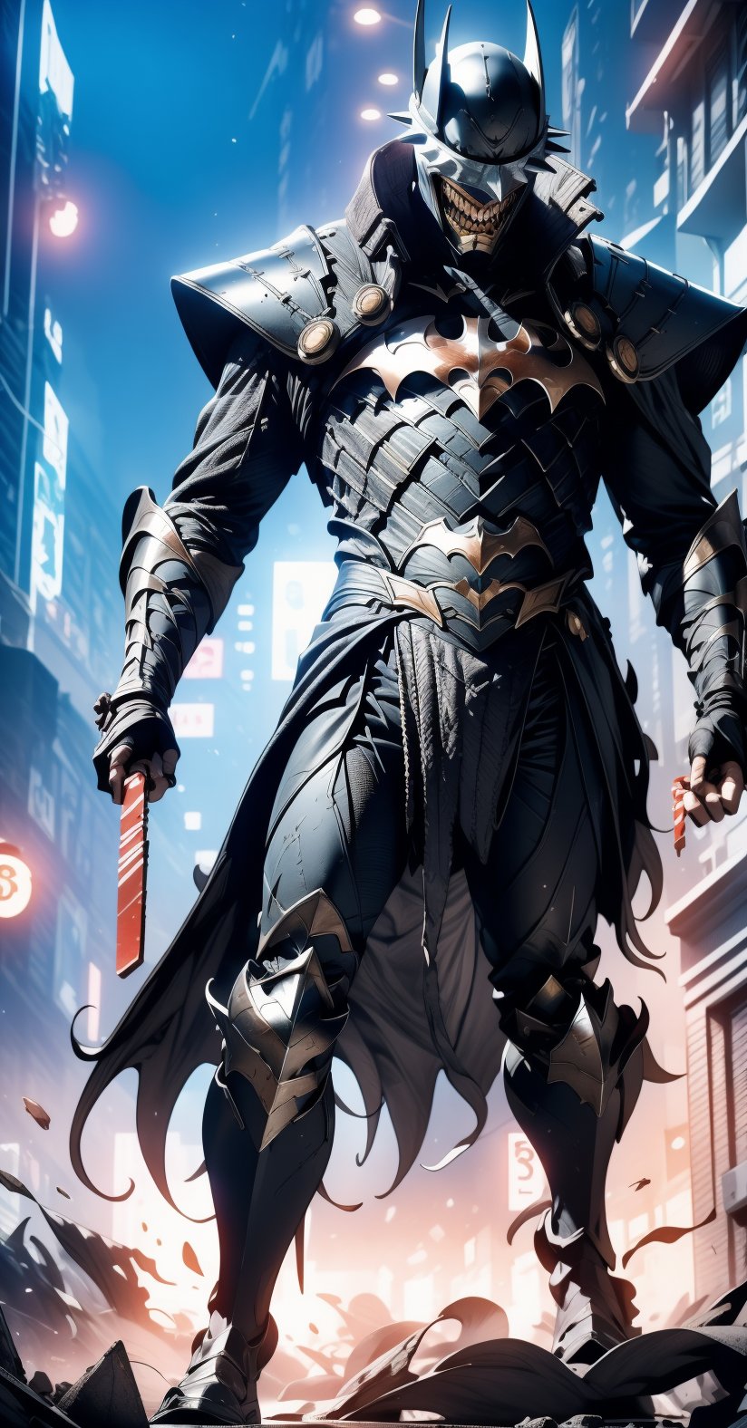 Batman who laughs, ((full-body_portrait)), Ruined City, dust, night, standing_up, upper_body knight armor, black armor, lower body knight armor,nijistyle