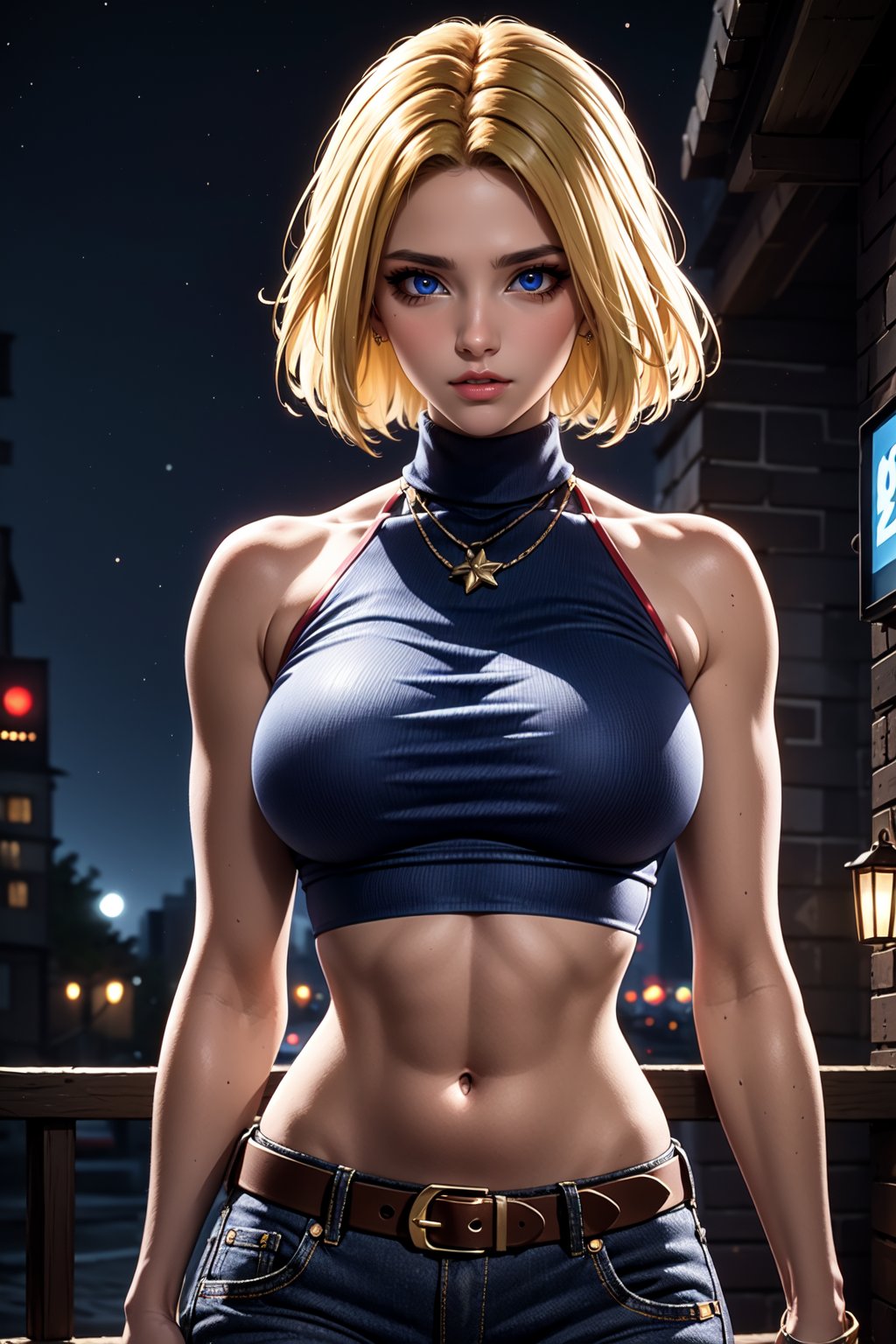 (best quality, masterpiece:1.2), ultra-detailed, blue_mary, 1girl, breasts, belt, navel, solo, pants, jeans, midriff, denim, turtleneck, sleeveless, (red crop top:1.4), torn clothes, (park, night), large breasts, torn pants, bare shoulders, shirt, brown belt, building, looking at away,red sleeveless turtleneck, blonde hair, black gloves, hair movement, 
