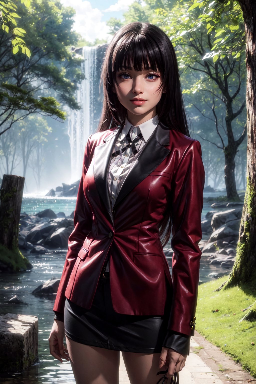 ((alone:1.5)). ((Solo:1.5)), ((MEDIUM FULL SHOT:1.5)),realistic, masterpiece,best quality,High definition, , high resolution,,A 25 years old woman, yumeko jabami, blazer, looking at viewer, smug, smile,pastelbg, outdoors, park, lake, trees, sun raytracing , long hair, brunette hair, red dress, hair movement, ((shy smile)), 