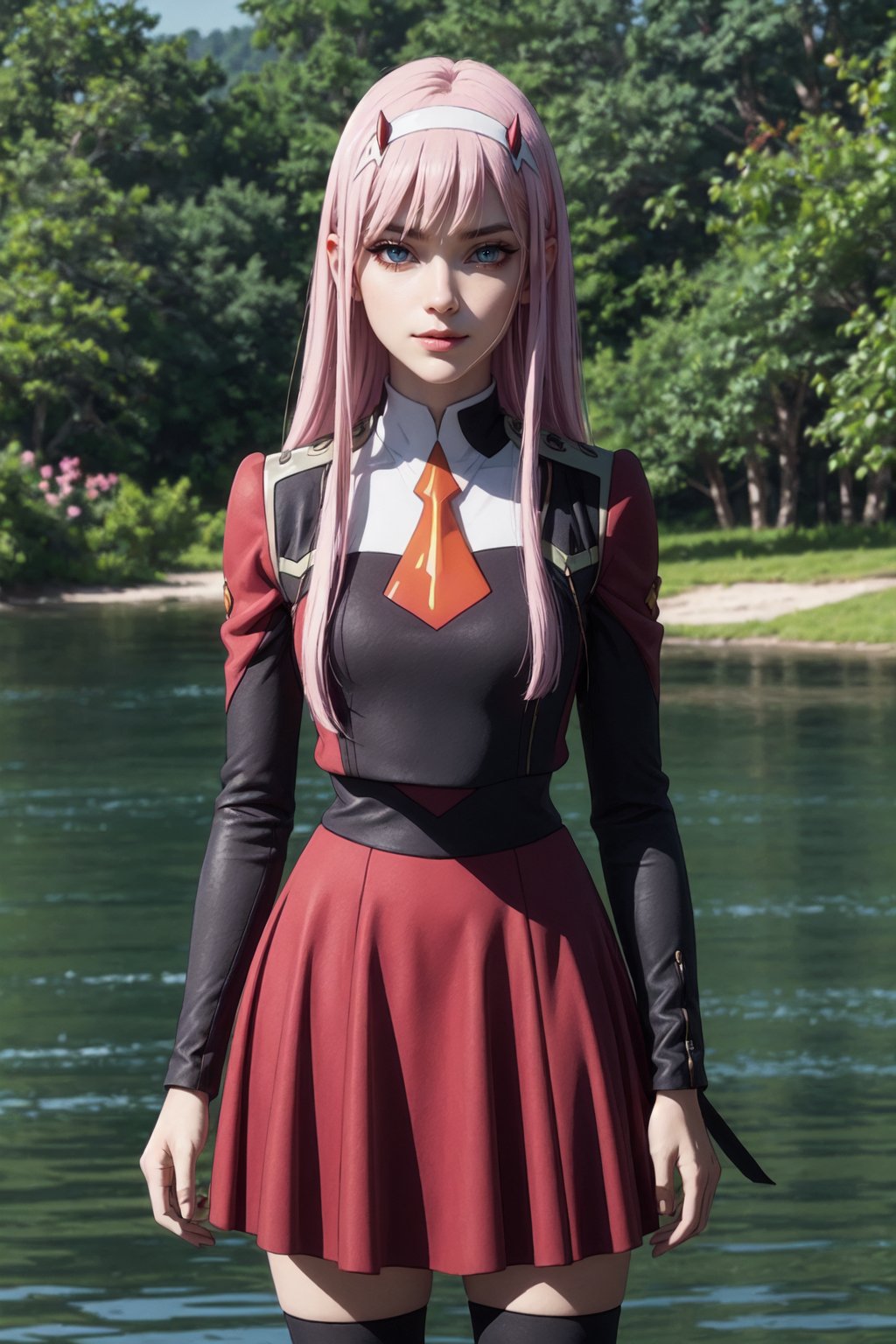 ((alone:1.5)). ((Solo:1.5)), ((MEDIUM FULL SHOT:1.5)),realistic, masterpiece,best quality,High definition, , high resolution,,A 25 years old woman, zero_two, outdoors, SFW, portrait, park,   professional lighting, moon, Pink hair, long hair, looking away, ((shy smile )), medium breats, hourglass body, flowers, lake, raytracing, short skirt