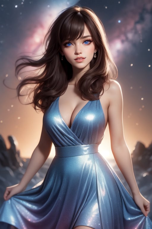 Masterpiece, Best Quality, Photorealistic, High Resolution, 8K Raw), smile, looking at viewer, upper body, 1 girl, solo, long hair, (brown hair, bangs:1.1), big breasts, Light, busty and sexy girl, wearing a flowing dress with a starry sky pattern, starry dress, ((shy smile:1.5)), hair movement, brunette hair, juicy lips, tight dress, 