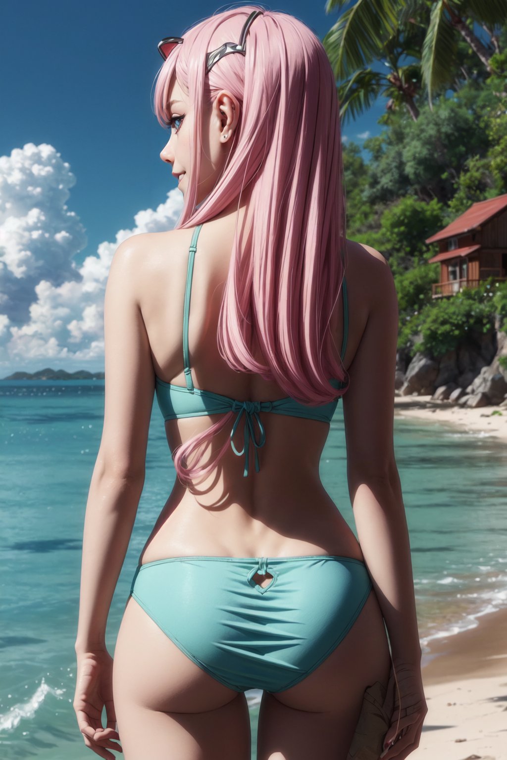 ((alone:1.5)). ((Solo:1.5)), ((MEDIUM FULL SHOT:1.5)),realistic, masterpiece,best quality,High definition, , high resolution,,A 25 years old woman in the beach, zero_two, outdoors, SFW, pink bikini, portrait, park,   professional lighting, Pink hair, long hair, (((looking away:1.3))), ((shy smile )), medium breats, hourglass body,raytracing, pastelbg