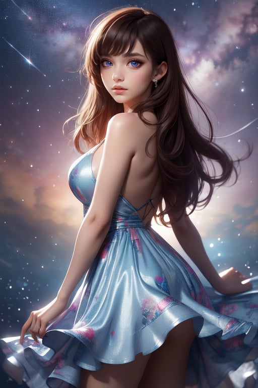 from behind, Masterpiece, Best Quality, Photorealistic, High Resolution, 8K Raw), smile, 1 girl, solo, long hair, (brown hair, bangs:1.1), big breasts, Light, busty and sexy girl, wearing a flowing dress with a starry sky pattern, starry dress, ((shy smile:1.5)), hair movement, brunette hair, juicy lips, tight dress, make up, looking away