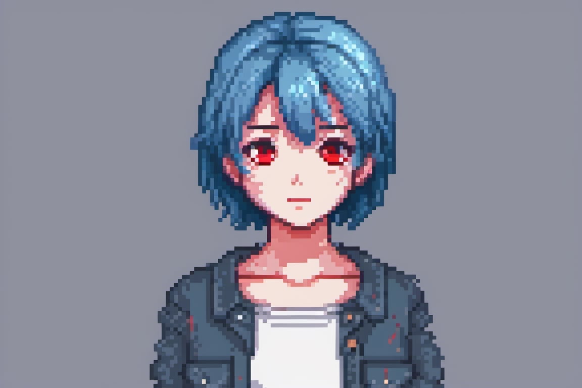 Anime girl, red eye, blue hair, shor hair, sad face, Pixel style, high resolution, high quality, high detail, cool background 