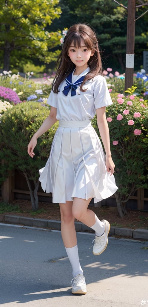 1 French-Japanese  girl, full body, small breasts, looking at viewer, blue eyes, brown hair, holding, standing, japanese serafuku uniform,white background,flower garden,blue and white school uniform,running, wind blown,portrait,AgoonGirl