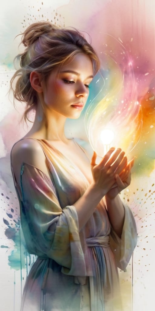 A woman with her hands holding a glowing light in her hands, ethereal, on a white background, with watercolor splatter, an interplay of pastel hues and rainbow colors, with a double exposure effect, golden rays emanating from the center, a soft glow, a mysterious aura, ethereally beautiful, with soft edges, delicate details, a celestial energy radiance, whimsical, a surreal atmosphere, dreamy, with watercolor splashes in the style of Yoji Shinkawa and colorful pastel tones in the style of Greg Rutkowski, with detailed light effects, dreamy and ethereal, with delicate brushstrokes, high quality, high resolution, high detail