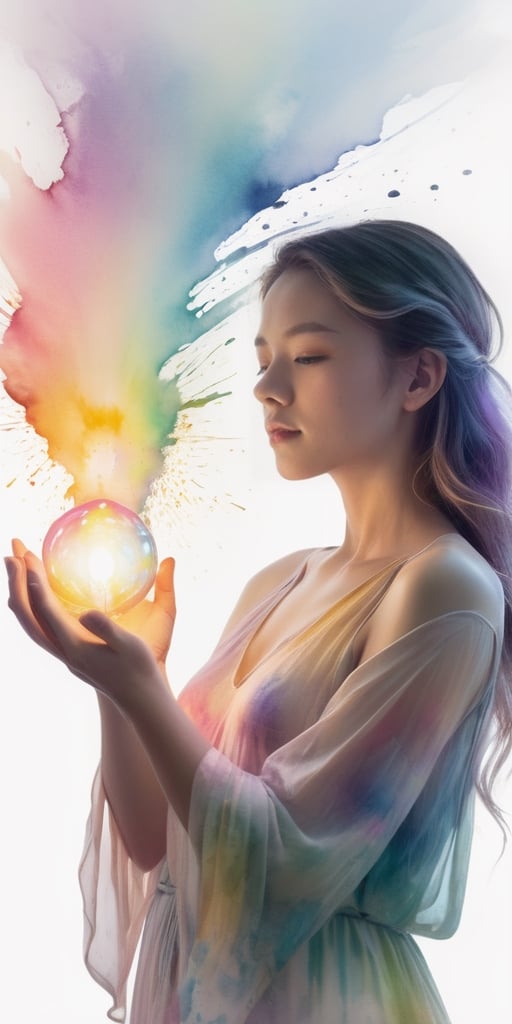 A woman with her hands holding a glowing light in her hands, ethereal, on a white background, with watercolor splatter, an interplay of pastel hues and rainbow colors, with a double exposure effect, golden rays emanating from the center, a soft glow, a mysterious aura, ethereally beautiful, with soft edges, delicate details, a celestial energy radiance, whimsical, a surreal atmosphere, dreamy, with watercolor splashes in the style of Yoji Shinkawa and colorful pastel tones in the style of Greg Rutkowski, with detailed light effects, dreamy and ethereal, with delicate brushstrokes, high quality, high resolution, high detail