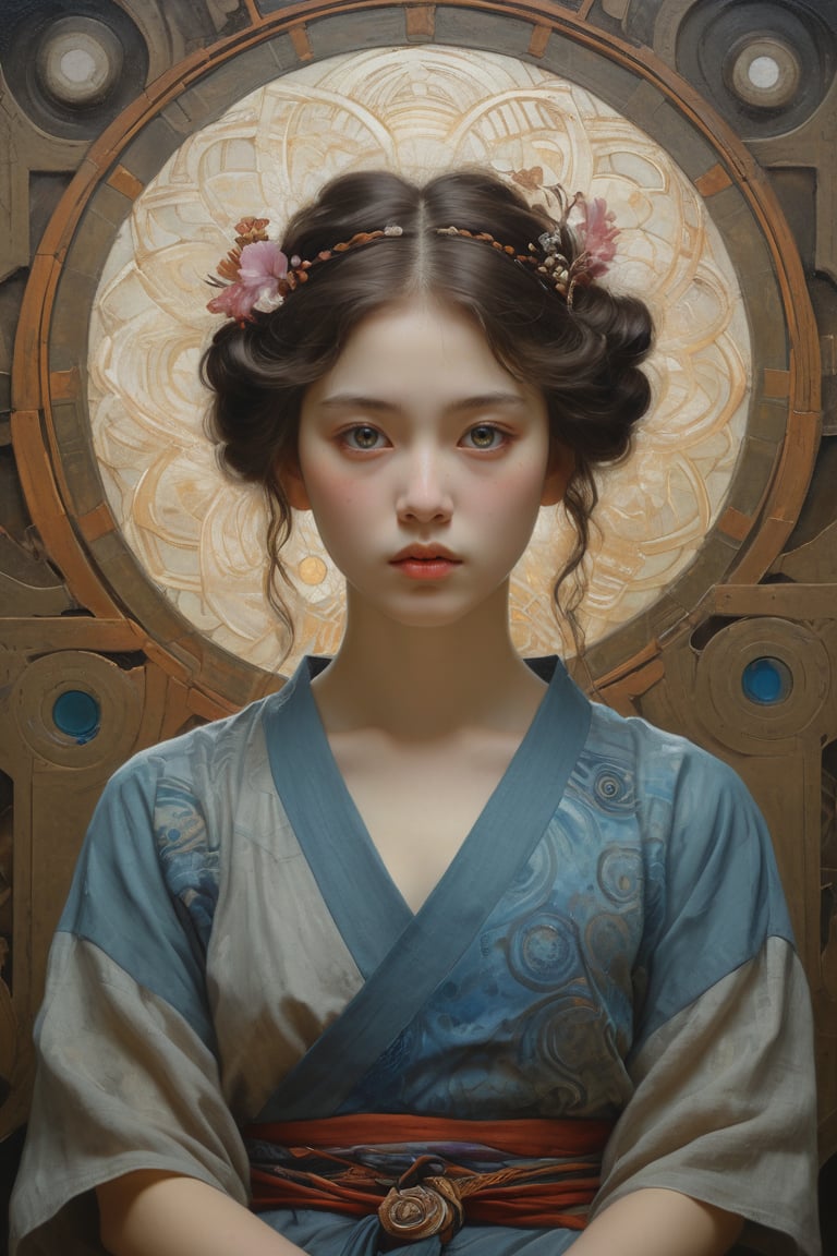 Auguste Renoir ~ Paul Peel ~ John Singer Sargent ~ Alexandre-Jacques Chantron ~ John William Godward ~ John William Waterhouse ~ Han-Wu Shen ~ Ishitaka Amano ~ Chakrapan Posayakrit ~ Kim Jung Gi ~ Kei Mieno ~ Ikushima Hiroshi ~ WLOP ~ William-Adolphe Bouguereau ~ Alphonse Mucha ~Luis Royo ~ Range Murata ~ Jock Sturges photography ~ David Hamillton photography ~ Overexposure Photorealistic high angle half body shot of a full body dystopian princess, 18 years old, zentangle pointillism watercolor, intimidating and imposing, dynamic pose, studio light, diffuse light, Sgraffito, soft pastel touch, overexposure oil painting on canvas style, impressionist, sfumato, chiaroscuro, sanpaku eyes, Grisaille Monochrome underpainting, fauvism, expressionistic portrait of a Japanese animation still, insanely intricate details, extremely sharp focus, whimsical surrealistic dreamscape collage, maximalism, Rembrandt lighting, unique artistic composition, terragen, phi ratio, Fabonacci, Siloa