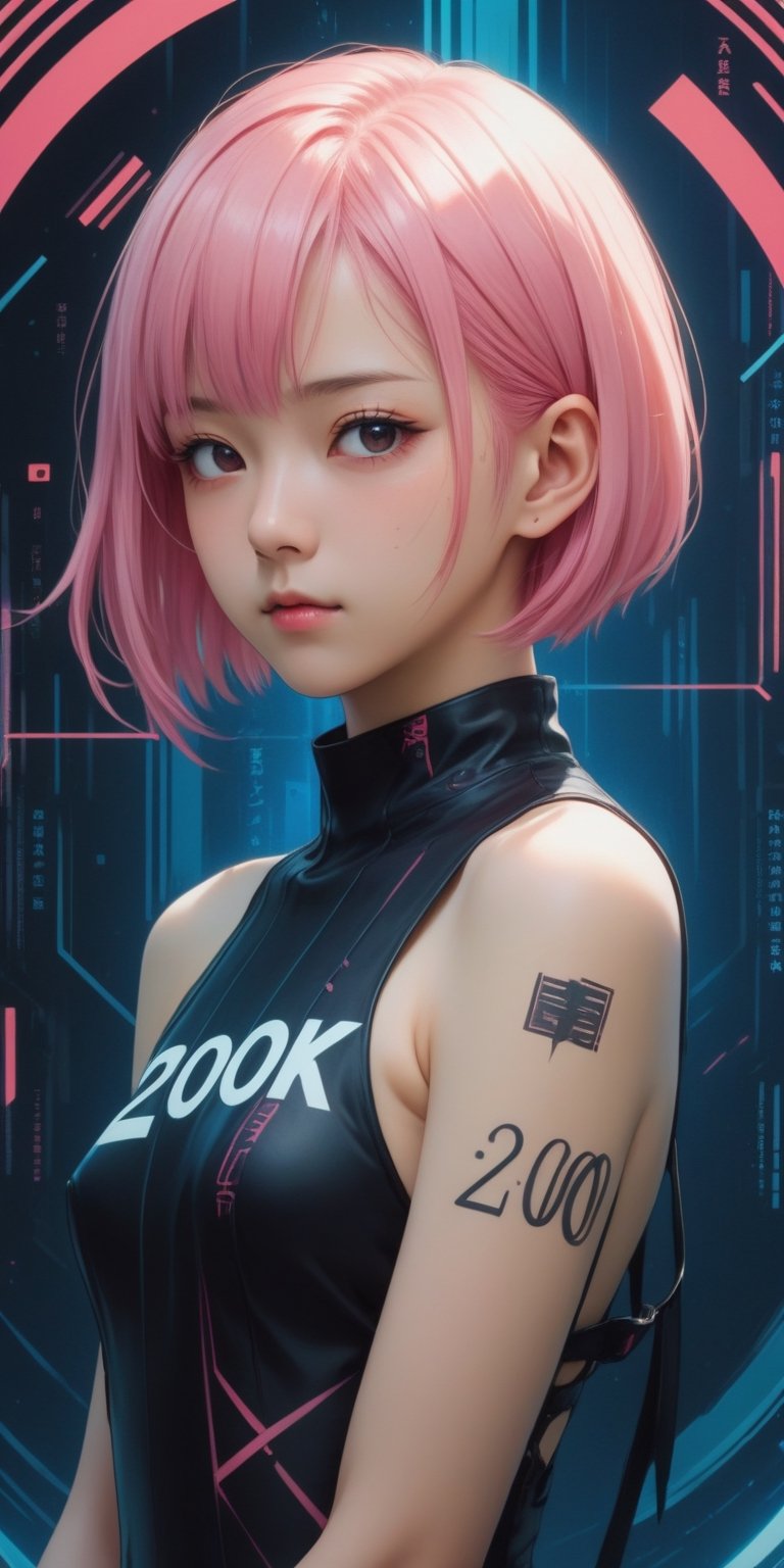 (text "200_Thanks" text logo:1.9), half body portrait of a European-Japanese pink hair girl,17 years old, by yoshitaka amano, attractive, stylish, designer, symmetrical, long drill hair, cyberpunk, abstract colors, nature, detailed background, see-though summer dress, abstract background, sexy lingerie,