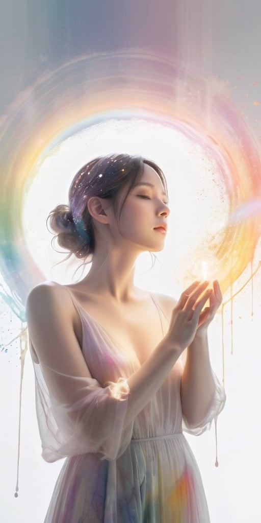 A woman with her hands holding a glowing light in her hands, ethereal, on a white background, with watercolor splatter, an interplay of pastel hues and rainbow colors, with a double exposure effect, golden rays emanating from the center, a soft glow, a mysterious aura, ethereally beautiful, with soft edges, delicate details, a celestial energy radiance, whimsical, a surreal atmosphere, dreamy, with watercolor splashes in the style of Yoji Shinkawa and colorful pastel tones in the style of Greg Rutkowski, with detailed light effects, dreamy and ethereal, with delicate brushstrokes, high quality, high resolution, high detail