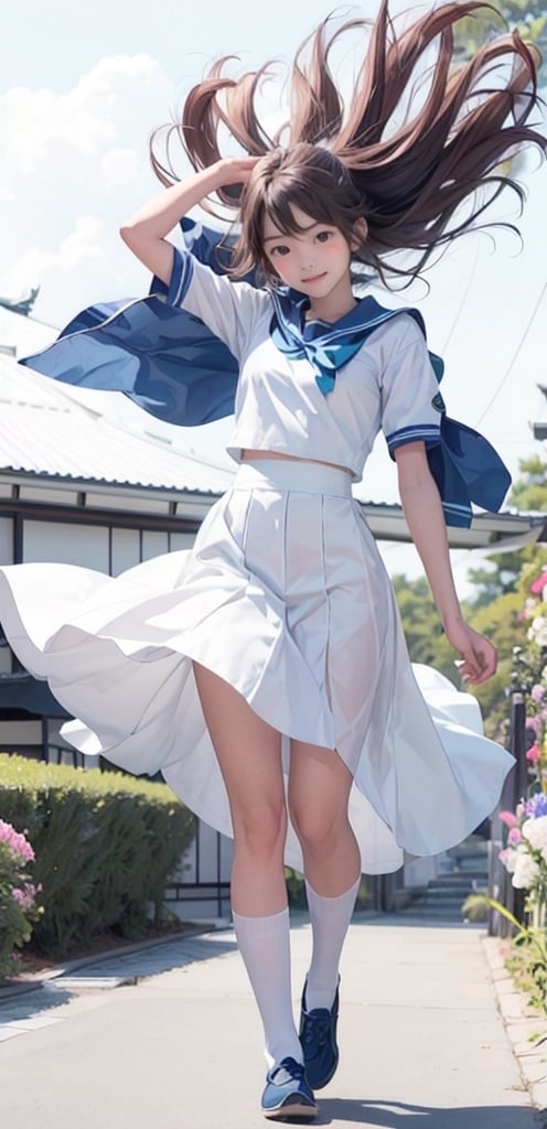 1 French-Japanese  girl, full body, small breasts, looking at viewer, blue eyes, brown hair, holding, standing, japanese serafuku uniform,white background,flower garden,blue and white school uniform,running, wind blown,portrait,AgoonGirl