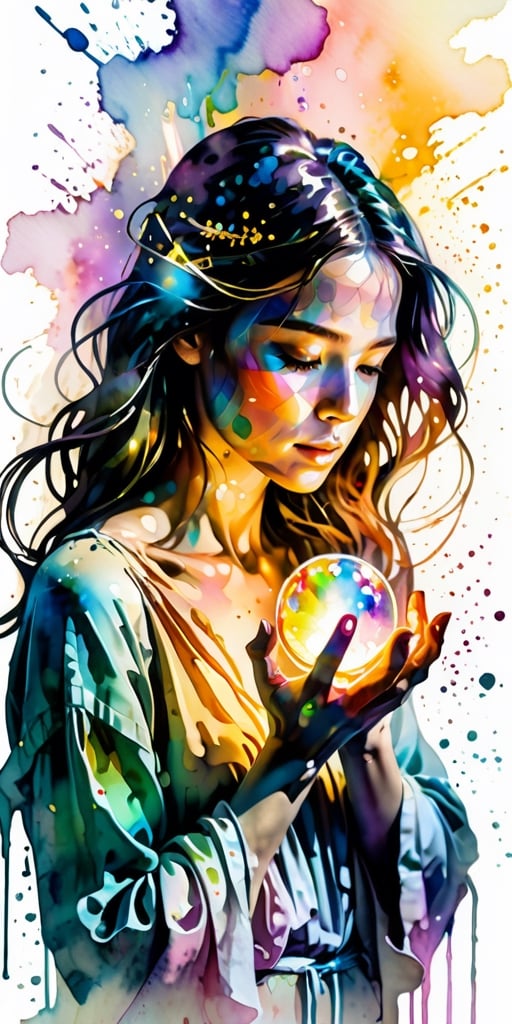 A woman with her hands holding a glowing light in her hands, ethereal, on a white background, with watercolor splatter, an interplay of pastel hues and rainbow colors, with a double exposure effect, golden rays emanating from the center, a soft glow, a mysterious aura, ethereally beautiful, with soft edges, delicate details, a celestial energy radiance, whimsical, a surreal atmosphere, dreamy, with watercolor splashes in the style of Yoji Shinkawa and colorful pastel tones in the style of Greg Rutkowski, with detailed light effects, dreamy and ethereal, with delicate brushstrokes, high quality, high resolution, high detail