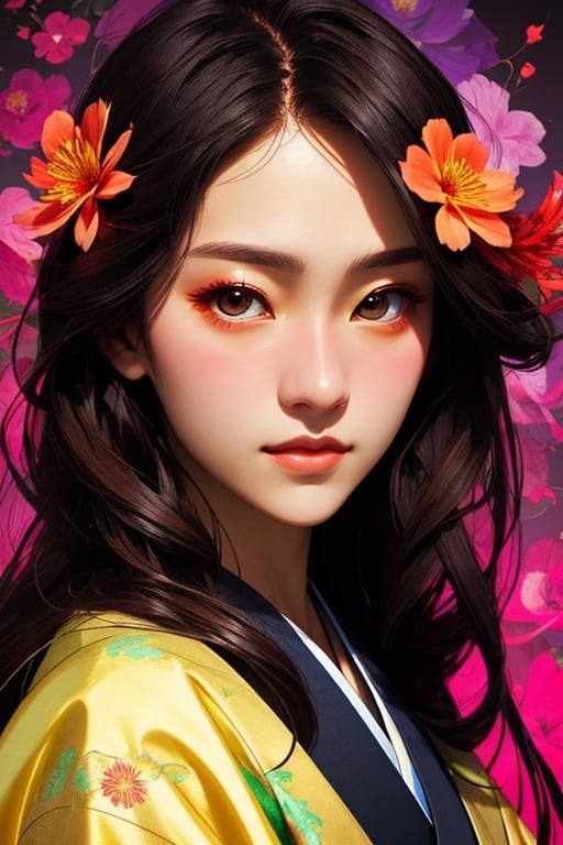 portrait of a beautiful japanese-german girl,bizarre,floral,Luminous,ethereal background,r1ge,Detailedface,realistic illumination
