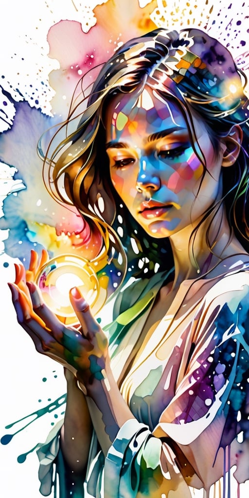 A woman with her hands holding a glowing light in her hands, ethereal, on a white background, with watercolor splatter, an interplay of pastel hues and rainbow colors, with a double exposure effect, golden rays emanating from the center, a soft glow, a mysterious aura, ethereally beautiful, with soft edges, delicate details, a celestial energy radiance, whimsical, a surreal atmosphere, dreamy, with watercolor splashes in the style of Yoji Shinkawa and colorful pastel tones in the style of Greg Rutkowski, with detailed light effects, dreamy and ethereal, with delicate brushstrokes, high quality, high resolution, high detail