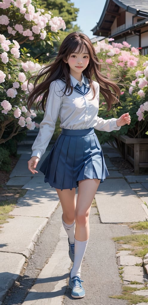 1 French-Japanese  girl, full body, small breasts, looking at viewer, blue eyes, brown hair, holding, standing, japanese serafuku uniform,white background,flower garden,blue and white school uniform,running, wind blown,portrait,AgoonGirl