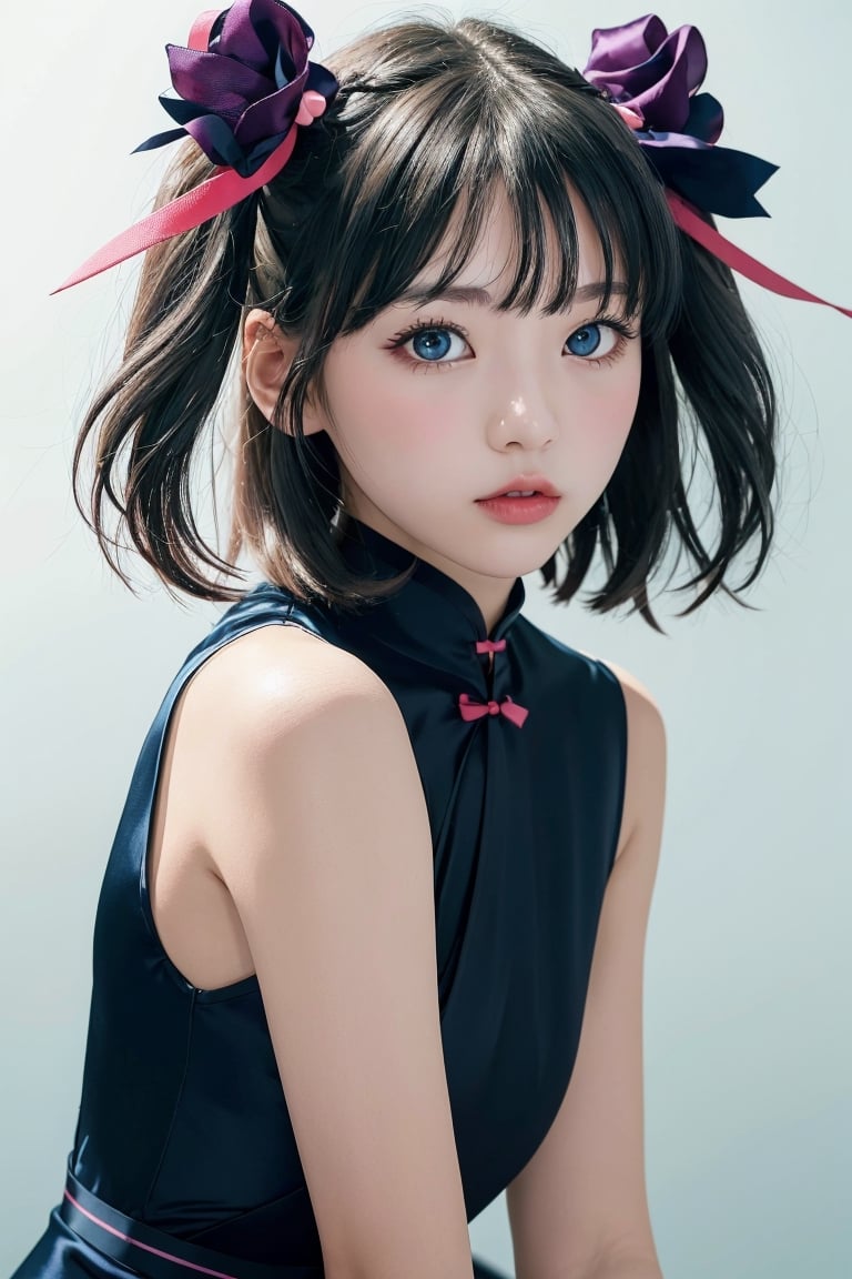 1girl,solo, long hair, pink pastel cheongsam dress, looking at viewer, blue background, black hair, simple background, two side up, blue eyes, lips, closed mouth, red ribbon, hair ribbon, bangs, upper body, parted bangs, buns, nose, Cleavage,