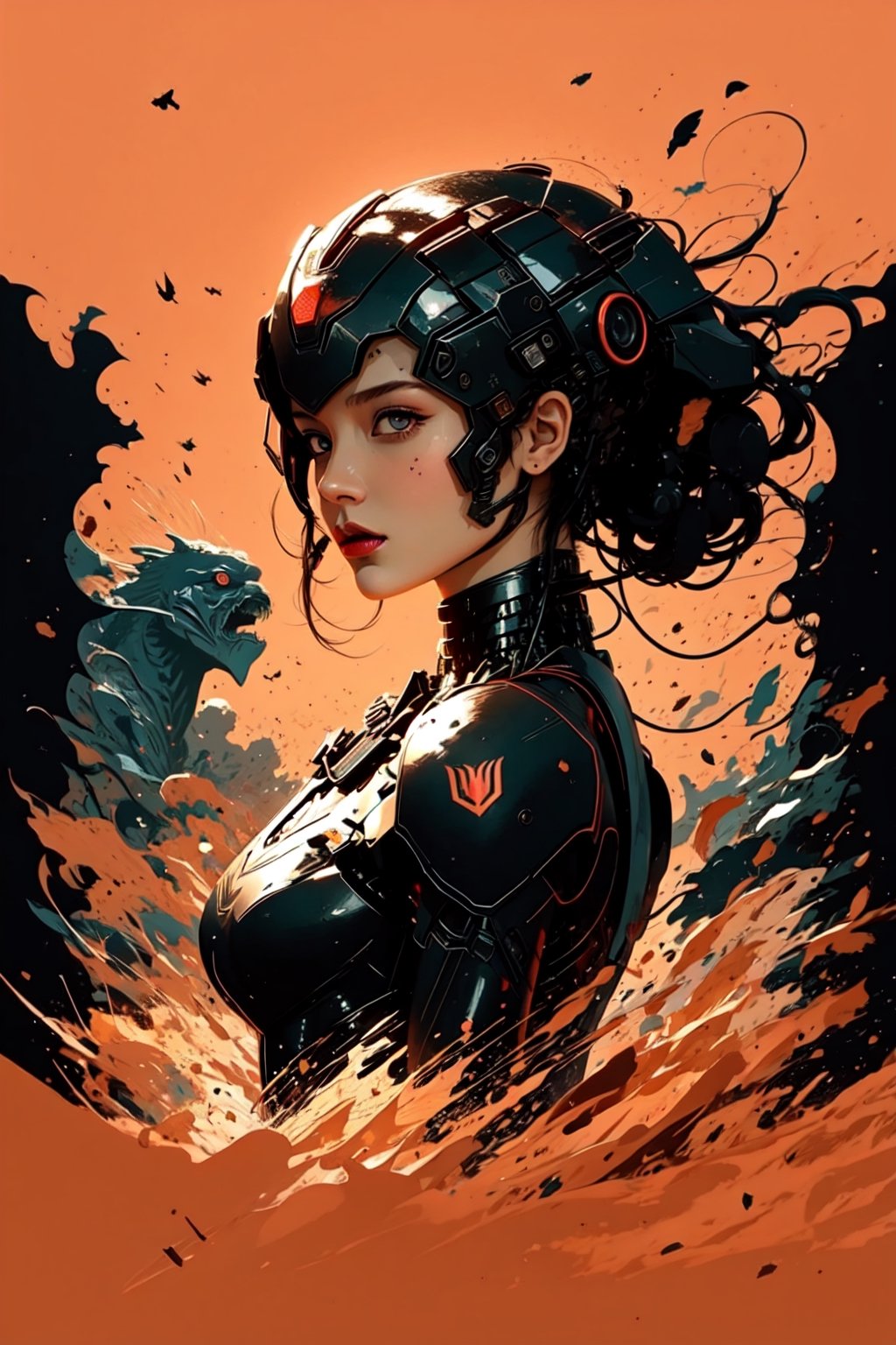 1girl, pureerosface_v1, black mecha suit, minimalism, bright red background, simple background, Fisheyes, masterpieces, top quality, best quality, official art, beautiful and aesthetic, animation, raise the butt, , BJ_Oil_painting, 