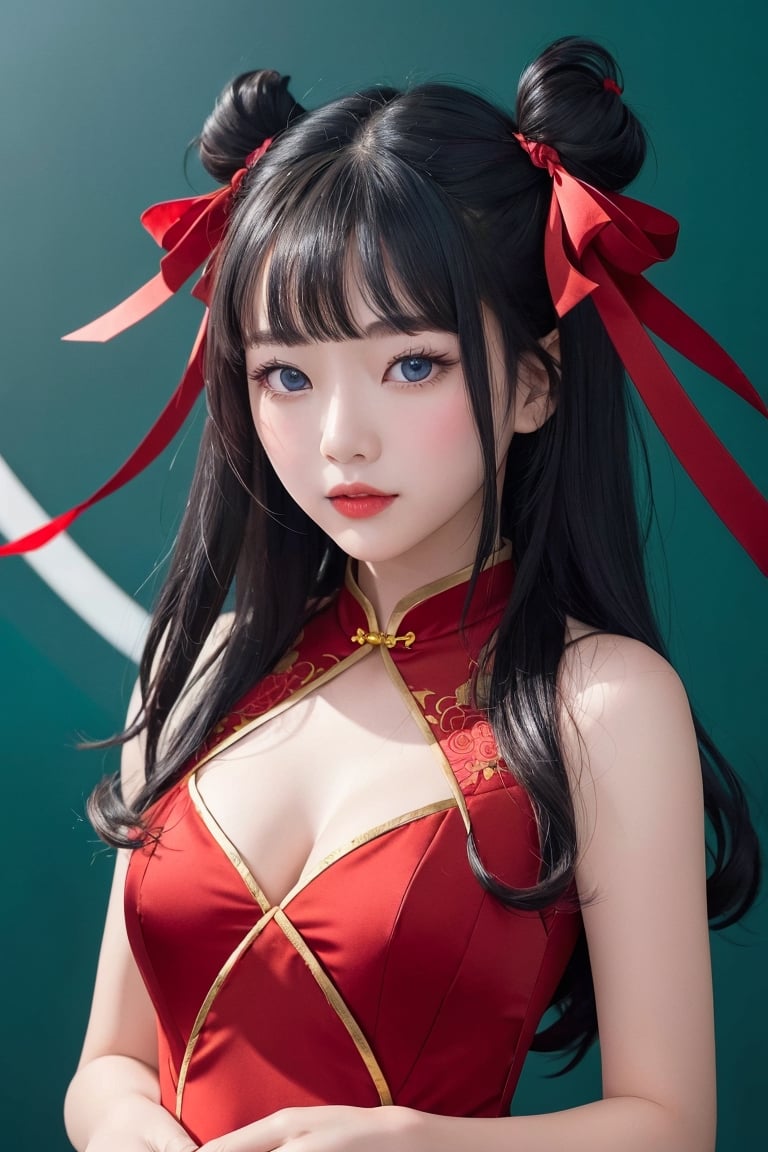 1girl,solo, long hair, red pastel cheongsam dress, looking at viewer, blue background, black hair, simple background, two side up, blue eyes, lips, closed mouth, red ribbon, hair ribbon, bangs, upper body, parted bangs, buns, nose, Cleavage, chinese new year, year of the dragon