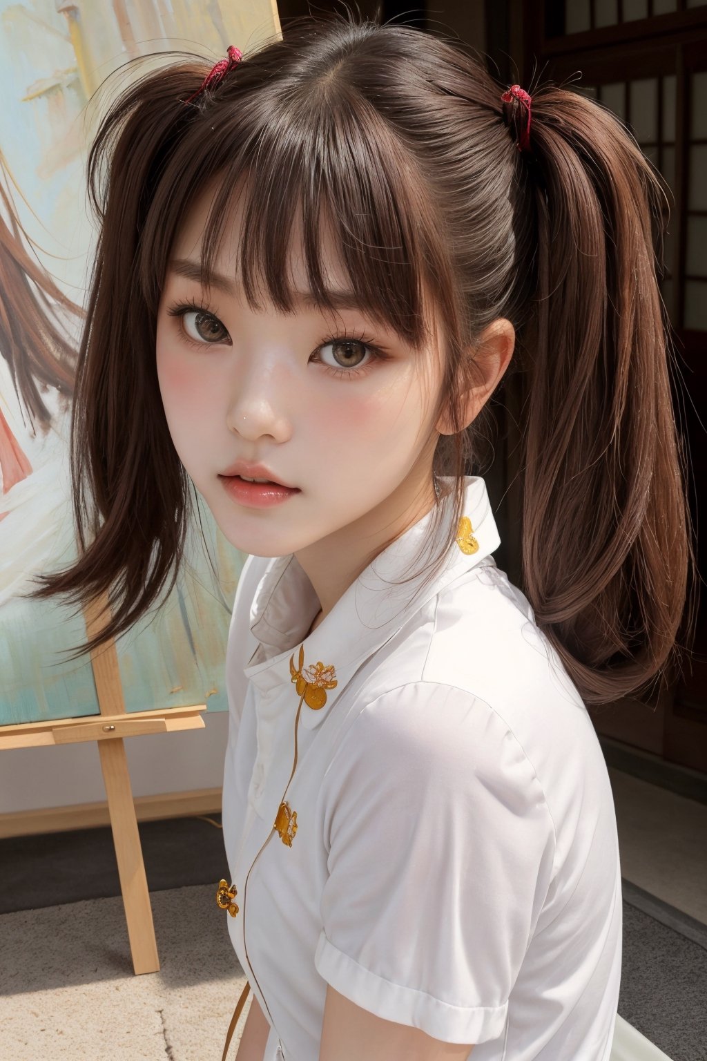 Art by Ikushima Hiroshi, oil painting, realism painting, masterpiece, attractive Chinese-European girl, 18 years old, urban traditional Chinese village girl, teenage, tender face,  innocent face, tender shiny skin, Chinese shirt with button knots, cute, purerosface, smooth soft white skin, beautiful face, small and slim face, ginger hair, bangs, buns, twin tails, top-model, full body, slim waist,Haerin_NJ