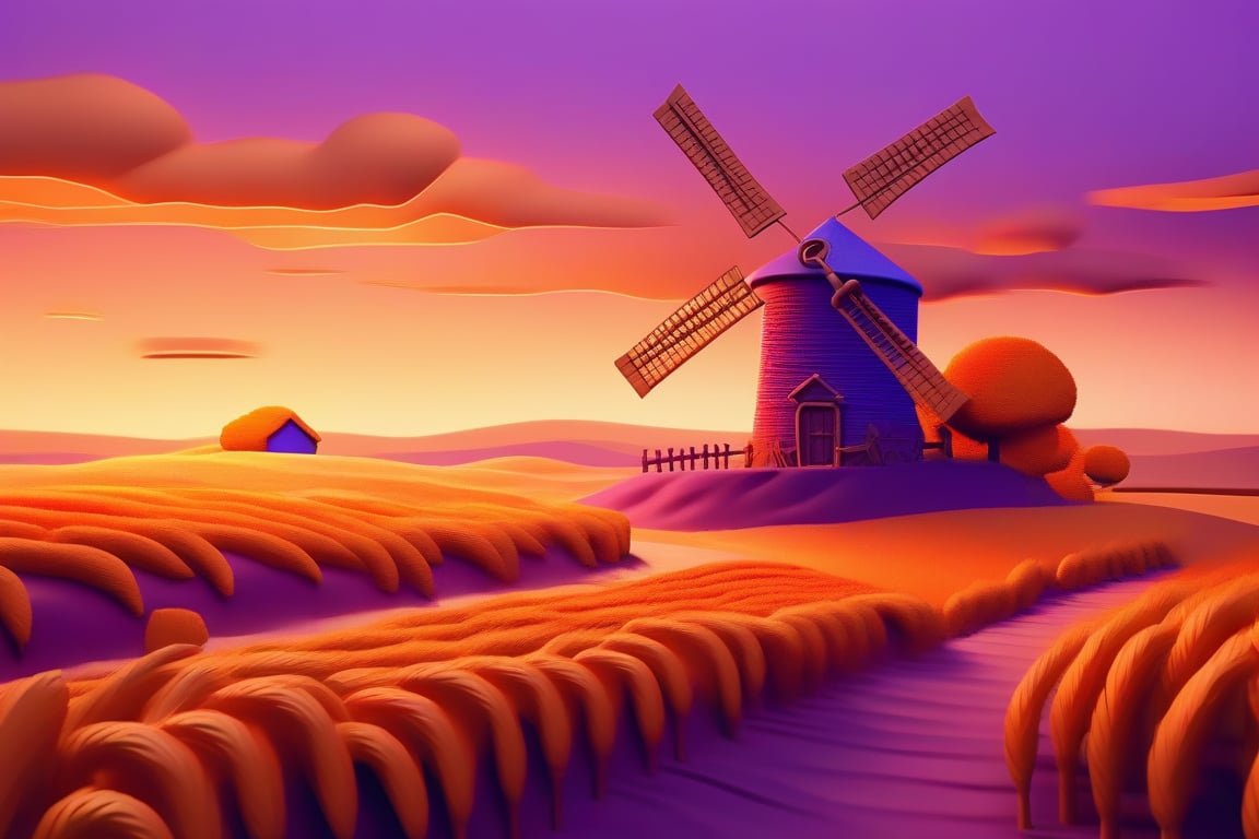 A serene and idyllic countryside scene with golden wheat fields stretching towards the horizon, a rustic windmill standing tall, the warm glow of the setting sun painting the sky in hues of orange and purple, Sculpture, crafted with clay using both traditional sculpting techniques and 3D printing for intricate detailing, --ar 16:9 --v 5.