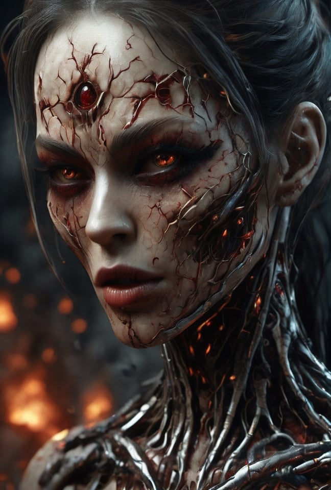 Female, DonMD3m0nXL, Blood, Woman vampire, vampire teeth, third eye on the forehead, long tongue, 10k very detailed, best quality, masterpiece, very detailed, very detailed, cg, unification, 8k wallpaper, fantastic, fine details, masterpiece, top quality, highly detailed CG uniform 8k wallpaper