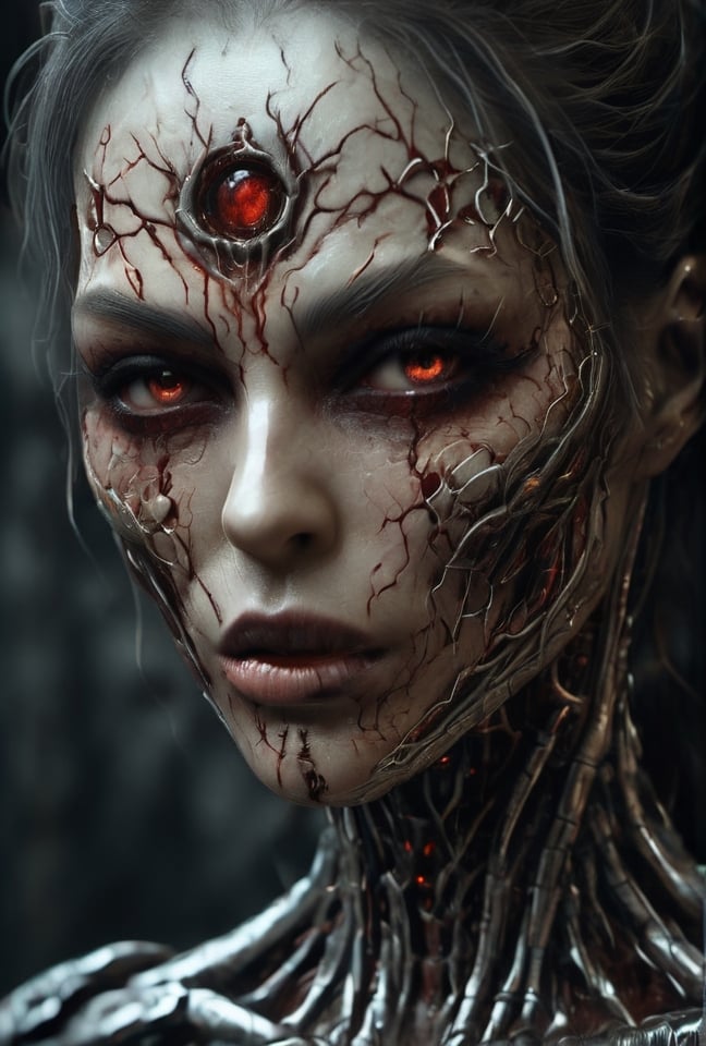 Female, DonMD3m0nXL, Blood, Woman vampire, vampire teeth, third eye on the forehead, exposed long tongue, 10k very detailed, best quality, masterpiece, very detailed, very detailed, cg, unification, 8k wallpaper, fantastic, fine details, masterpiece, top quality, highly detailed CG uniform 8k wallpaper