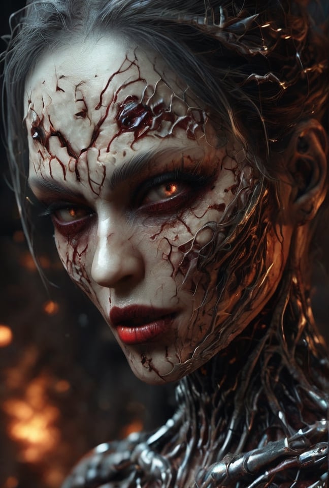 Female, DonMD3m0nXL, Blood, Woman vampire, vampire teeth, 10k very detailed, best quality, masterpiece, very detailed, very detailed, cg, unification, 8k wallpaper, fantastic, fine details, masterpiece, top quality, highly detailed CG uniform 8k wallpaper