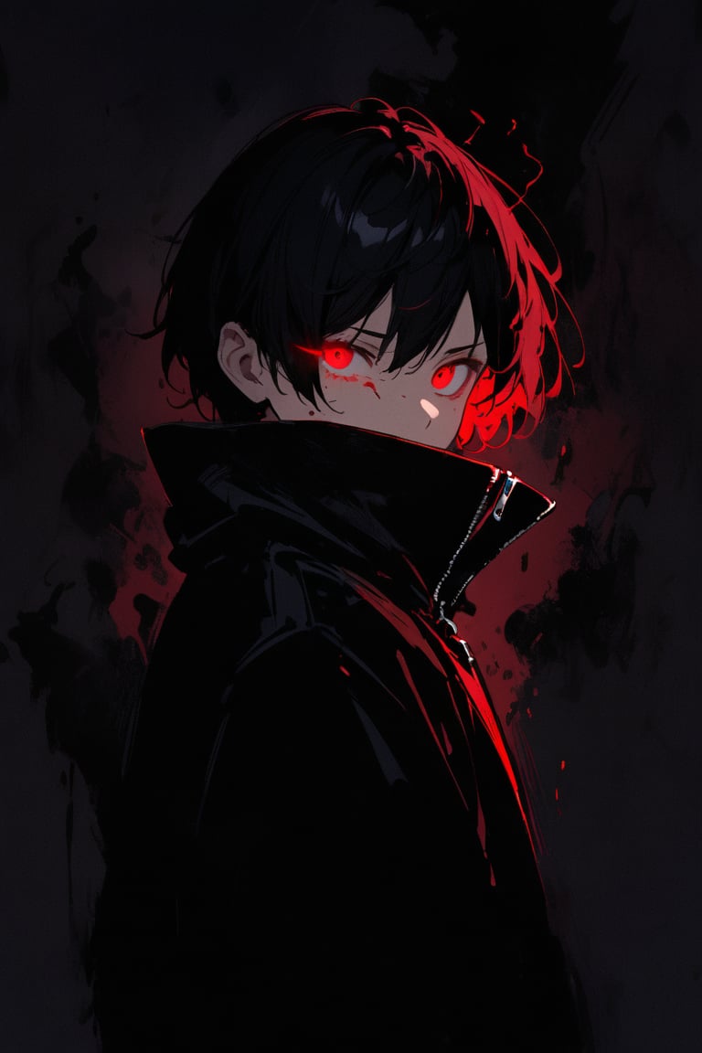 silhouette, Horror, solo, looking at viewer, short hair, Red eyes, 1boy, jacket, upper body, male focus, from side, glowing, glowing eyes, dark theme, high collar,eye trail