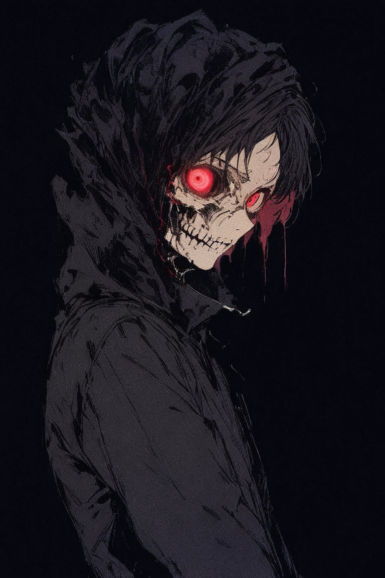 silhouette, Horror, solo, looking at viewer, short hair, Red eyes, 1boy, jacket, upper body, male focus, from side, glowing, glowing eyes, dark theme, high collar,eye trail, skull face