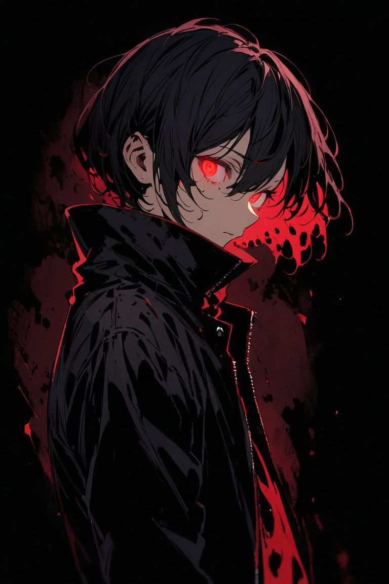 silhouette, Horror, solo, looking at viewer, short hair, Red eyes, 1boy, jacket, upper body, male focus, from side, glowing, glowing eyes, dark theme, high collar,eye trail