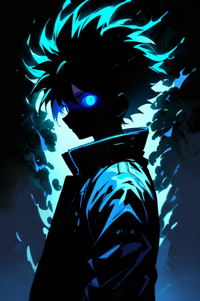 silhouette, Horror, solo, looking at viewer, short hair, blue eyes, 1boy, jacket, upper body, male focus, from side, glowing, spiked hair, glowing eyes, dark theme, blue flaming eyes,izuku_midoriya