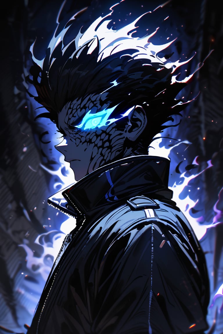 silhouette, Horror, solo, looking at viewer, short hair, blue eyes, 1boy, jacket, upper body, male focus, from side, glowing, spiked hair, glowing eyes, dark theme, high collar,more detail XL,dark aura, black aura,CharcoalDarkStyle,flaming eyes