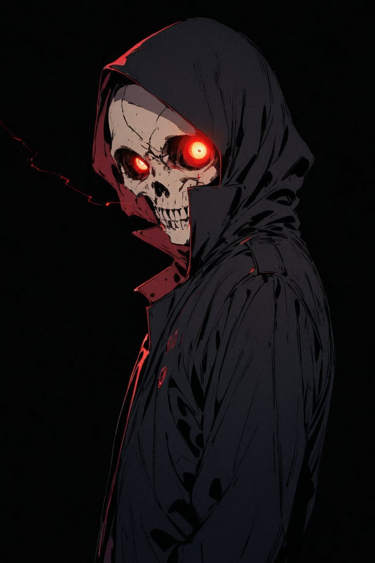 silhouette, Horror, solo, looking at viewer, short hair, Red eyes, 1boy, jacket, upper body, male focus, from side, glowing, glowing eyes, dark theme, high collar,eye trail, skull face