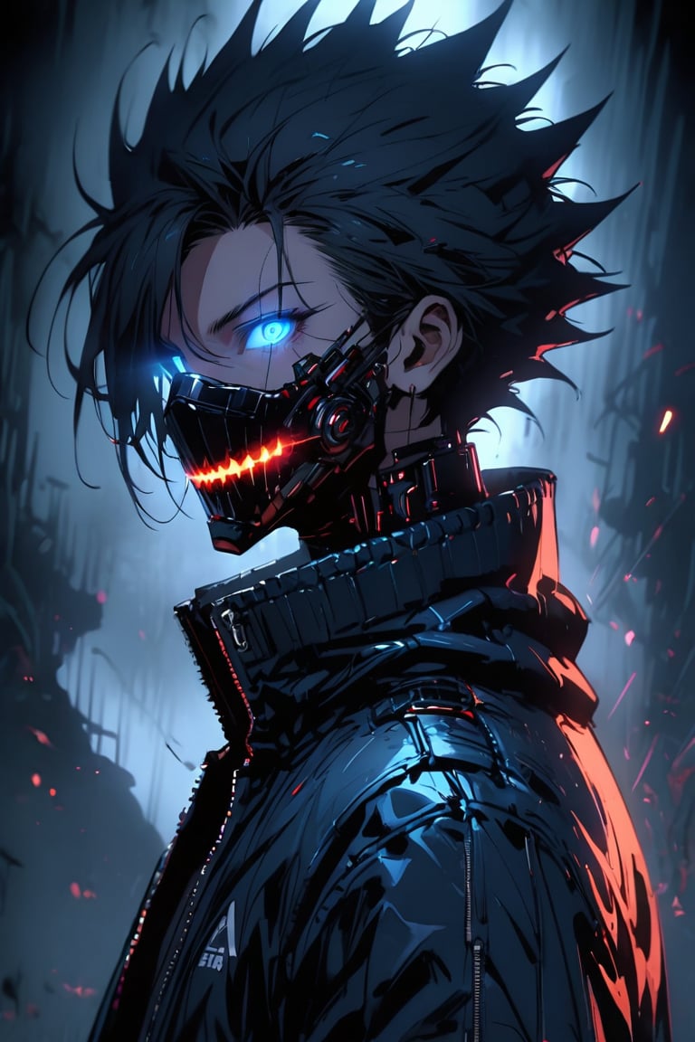 silhouette, Horror, solo, looking at viewer, short hair, blue eyes, 1boy, jacket, upper body, male focus, from side, glowing, spiked hair, glowing eyes, dark theme, high collar,more detail XL