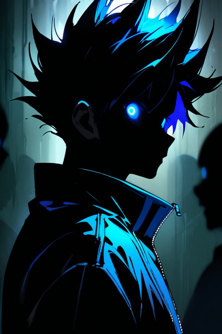 silhouette, Horror, solo, looking at viewer, short hair, blue eyes, 1boy, jacket, upper body, male focus, from side, glowing, spiked hair, glowing eyes, dark theme, blue flaming eyes