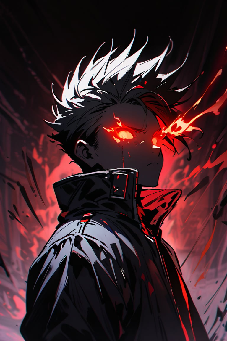 silhouette, Horror, solo, looking at viewer, short hair, Red eyes, 1boy, jacket, upper body, male focus, from side, glowing, spiked hair, glowing eyes, dark theme, high collar, flaming eyes