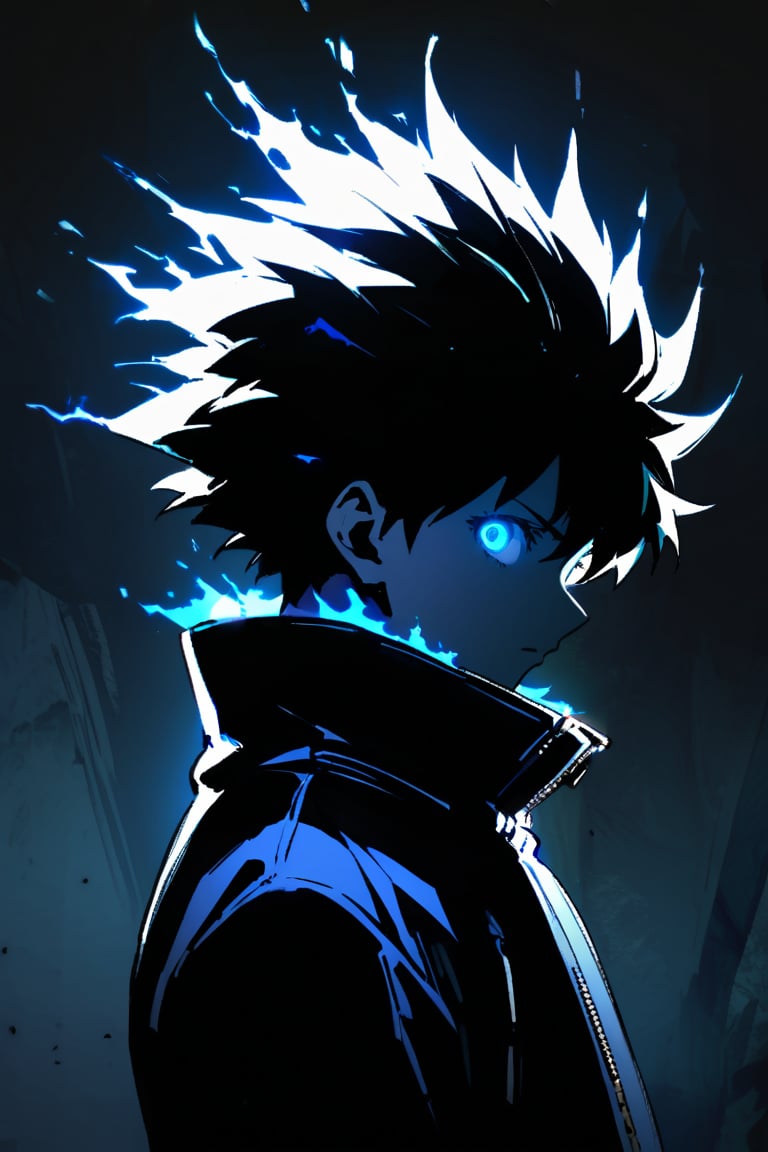 silhouette, Horror, solo, looking at viewer, short hair, blue eyes, 1boy, jacket, upper body, male focus, from side, glowing, spiked hair, glowing eyes, dark theme, high collar, blue flaming eyes,izuku_midoriya