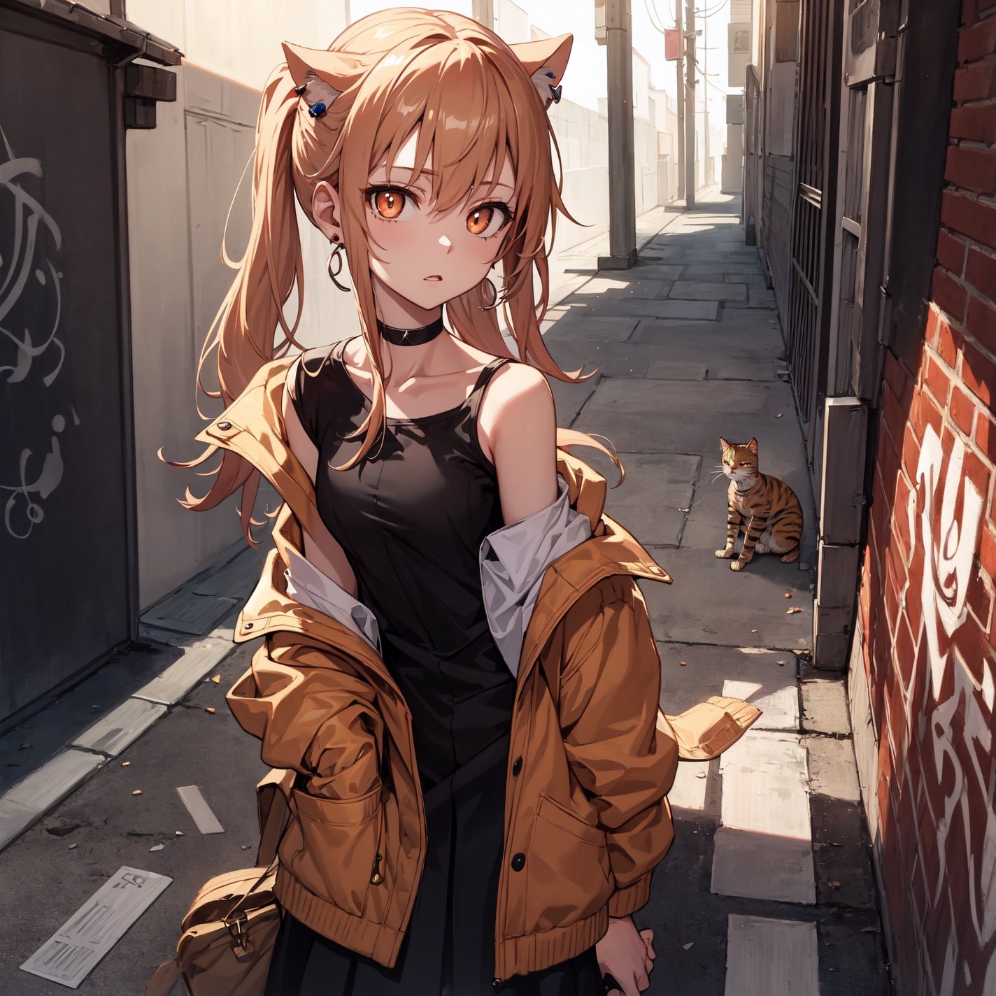 masterpiece, best quality, absurdres, perfect anatomy, 1girl, solo, earrings, sharp eyes, choker, neon shirt, open jacket, turtleneck sweater, night, against wall, brick wall, graffiti, dim lighting, alley, looking at viewer, cats ears,titania