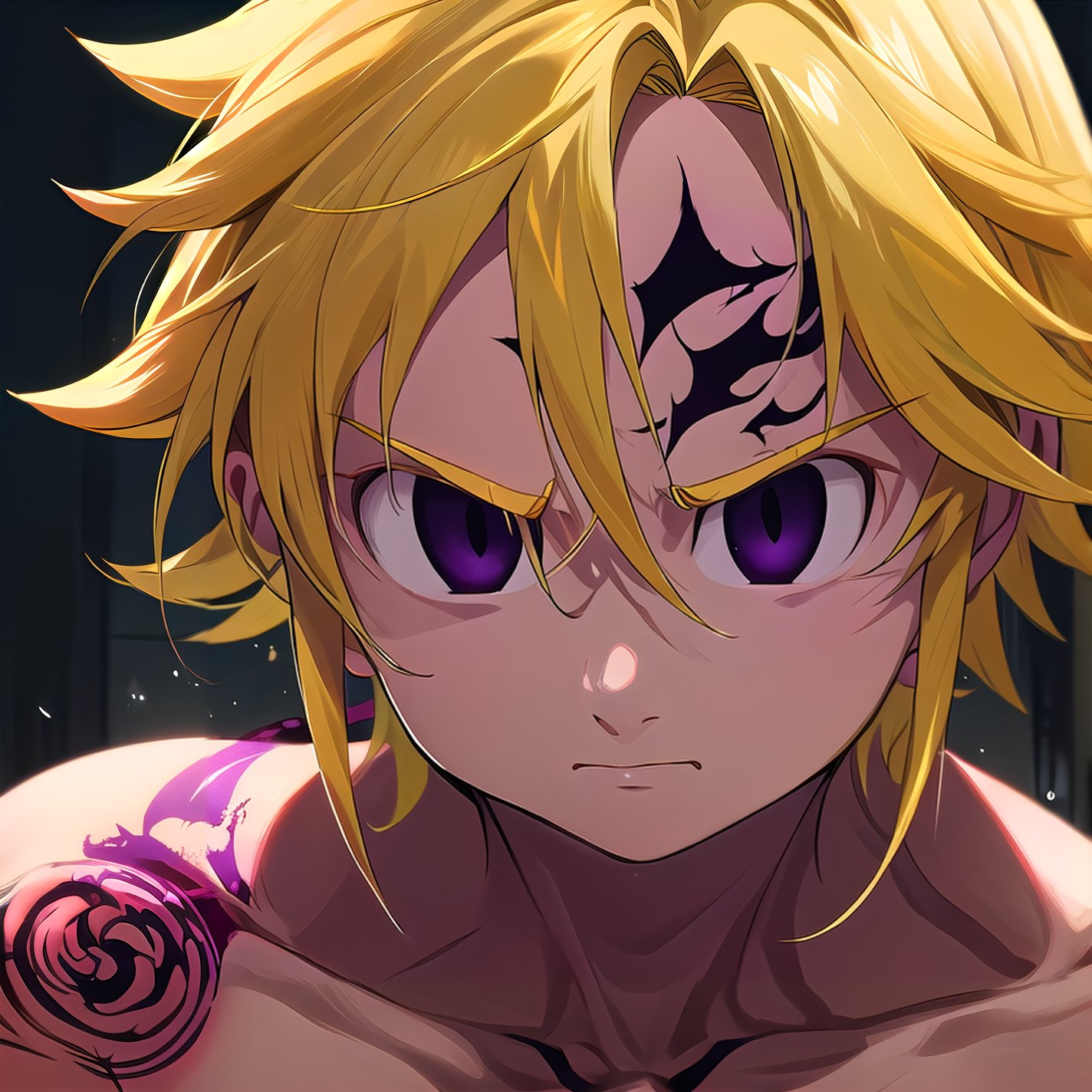 solo, male, depth of field, ((masterpiece, best quality)), demon, evil, The left part of the body is made of purple energy, purple aura, meliodas_nanatsu_no_taizai,blonde hair, empty eyes, fantasy world in background, meliodas in demon form, Blood coming from his mouth, Purple tattoo on his forehead, black eyes, dead eyes, Cold feelings 