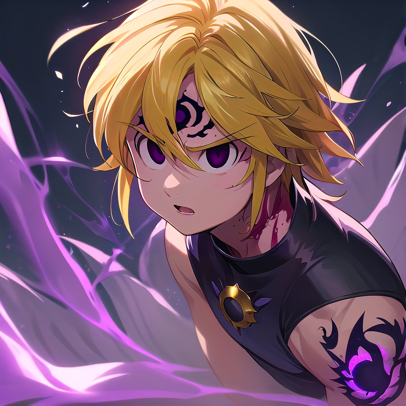 solo, male, depth of field, ((masterpiece, best quality)), demon, evil, The left part of the body is made of purple energy, purple aura, meliodas_nanatsu_no_taizai,blonde hair, empty eyes, fantasy world in background, meliodas in demon form, Blood coming from his mouth, Purple tattoo on his forehead, black eyes,